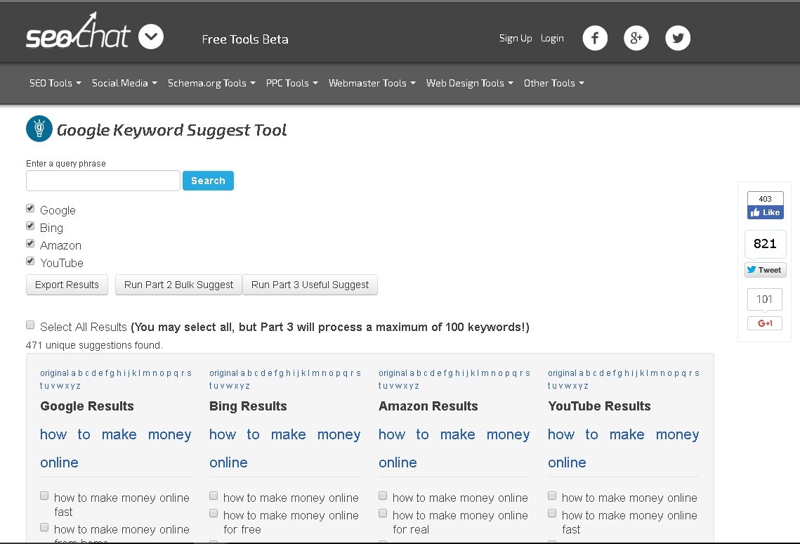 seo chat suggest keyword tool results step 0