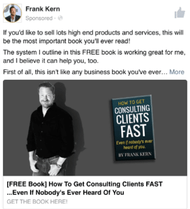 frank kern standing with a book in his facebook ad