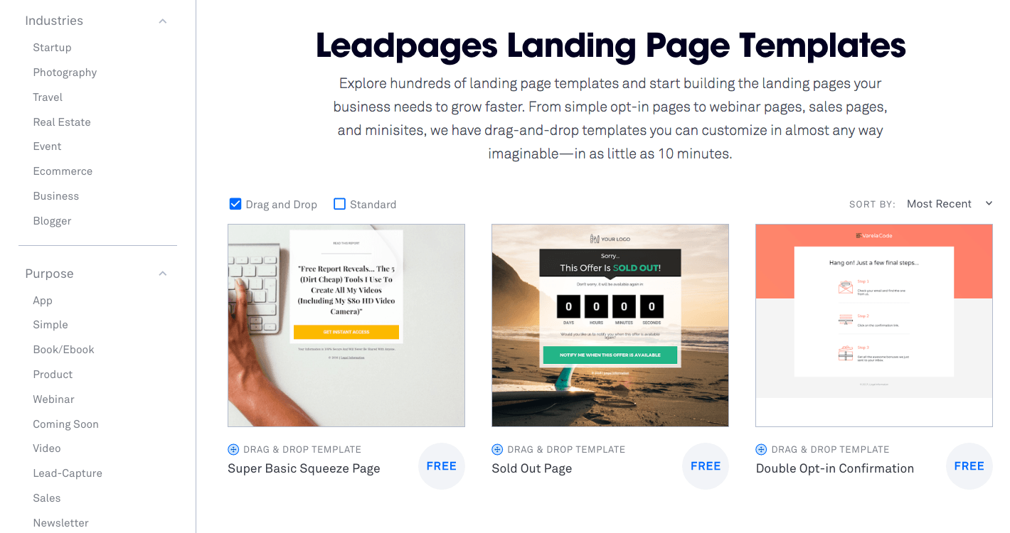 leadpages landing page templates