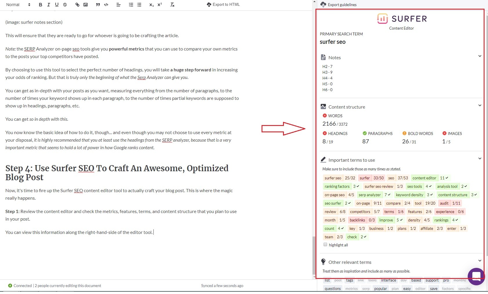 Surfer SEO Content Editor Metrics