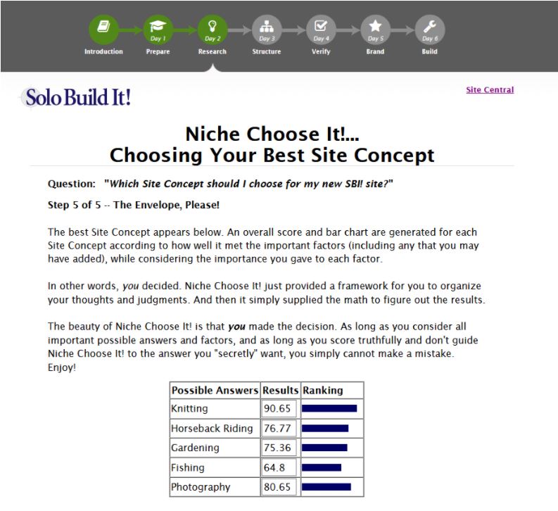 Screenshot of the Niche Choose It tool output